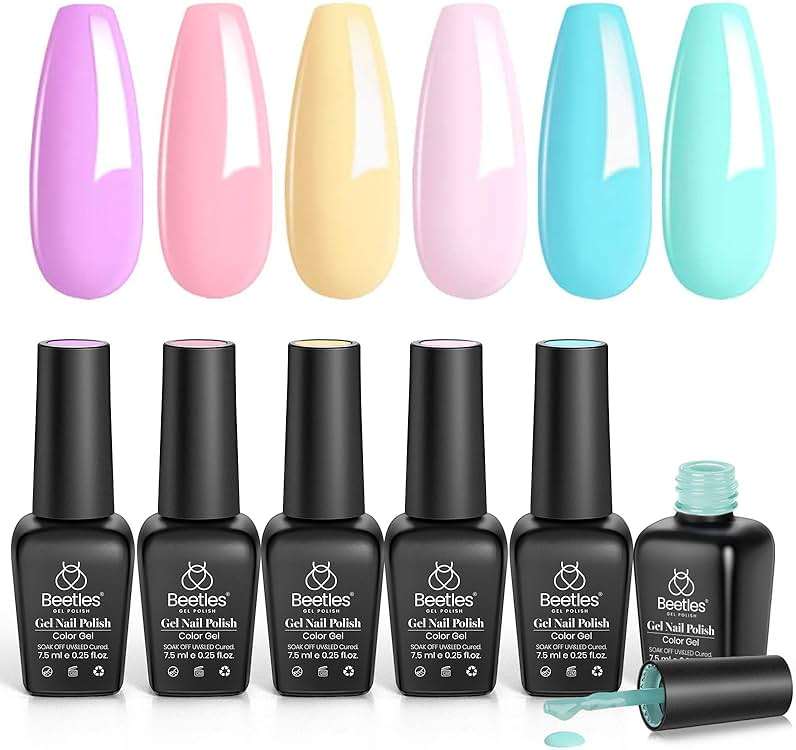 Beetles Pastel Gel Polish Set - 6 Colors Pink Yellow Blue Green Purple Summer Colors Nails Soak Off Nail UV Lamp Gel Nail Kits Decorations Nail Art - Image 7