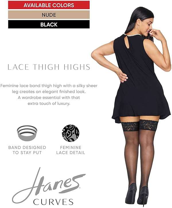 Hanes Women's Curves Sheer-toe Silky Sheer Lace Topped Thigh High Stockings | Wicking Cool Comfort - Image 3