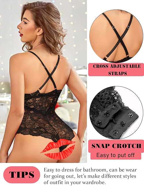 Avidlove Sexy Lingerie for Women Deep V Lace Bodysuit Snap Crotch One Piece Teddy XS-4XL - Image 5