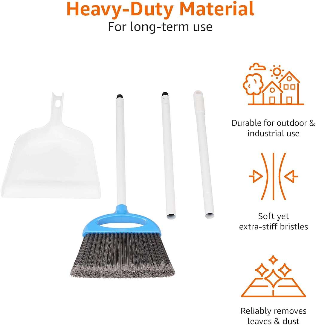 Amazon Basics Dustpan Broom Set with Adjustable Long Handle, Easy to Assemble, Blue and White - Image 5