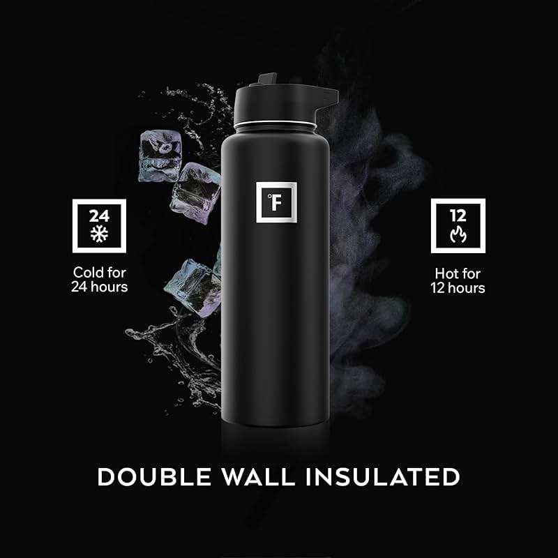 IRON °FLASK Camping & Hiking Hydration Flask with Straw, Wide Mouth Insulated Stainless Steel Sports Water Bottle - 40 oz Midnight Black - Image 5