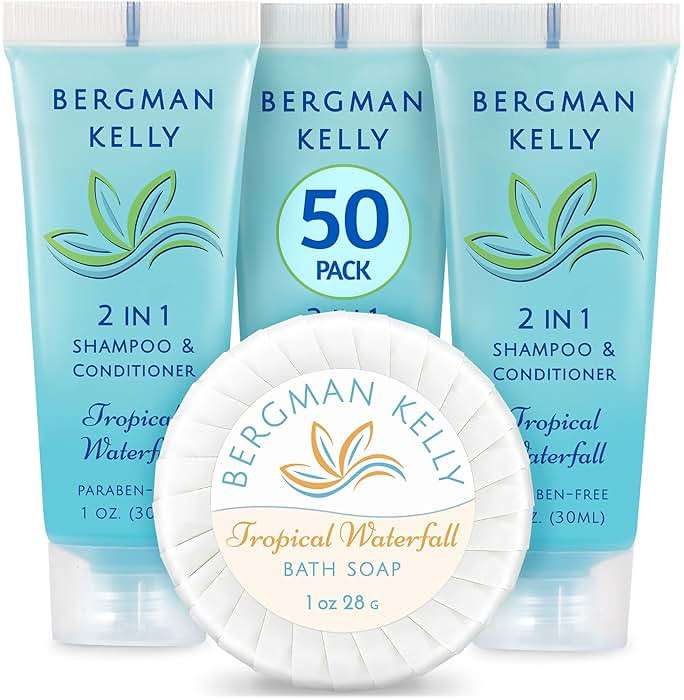 BERGMAN KELLY Round Soap Bars, 2in1 Shampoo & Conditioner 2-Piece Set (Tropical Waterfall, 1 oz each, 100 pc), Delight Your Guests with Revitalizing & Refreshing Sanitary Toiletries & Hotel Amenities - Image 1