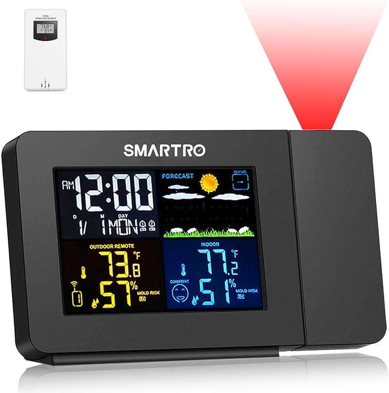 SMARTRO SC91 Projection Alarm Clock for Bedrooms with Weather Station, Wireless Indoor Outdoor Thermometer, Temperature Humidity Monitor Gauge Hygrometer - Image 1