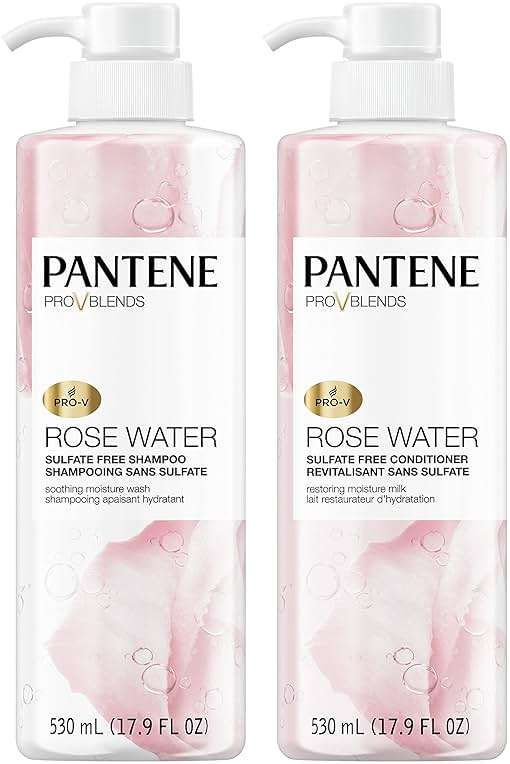 Pantene Sulfate Free Shampoo and Conditioner Set, Rose Water, Soothing and Moisturizing, Infused with Vitamin B5, for all Hair Types, Safe for Color Treated Hair, Pro-V Blend, 17.9 Fl Oz Each, 2 Pack - Image 1