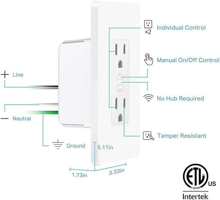 Kasa Smart Plug KP200, In-Wall Smart Home Wi-Fi Outlet Works with Alexa, Google Home & IFTTT, No Hub Required, Remote Control, ETL Certified , White, 1 Pack - Image 8