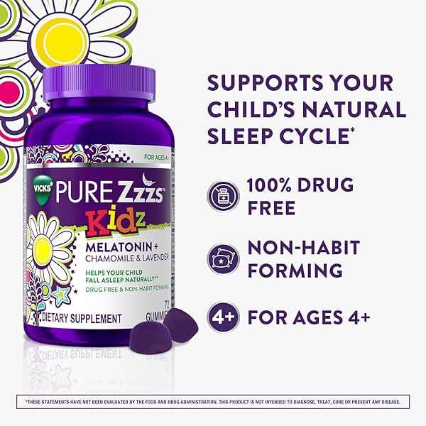 Pure Zzzs, Kidz, Kids Melatonin Gummy, Sleep Aid, Low Amount of Melatonin for Kids, with Chamomile and Lavender, 1 mg, Berry Flavored, 72 Count - Image 3