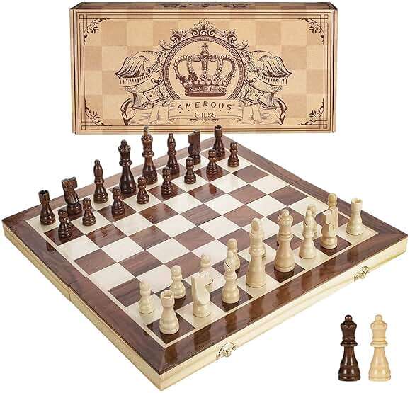AMEROUS 15 Inches Magnetic Wooden Chess Set - 2 Extra Queens - Folding Board - Pieces Storage Slots, Handmade Portable Travel Chess Game - Beginner Chess Set for Kids, 6 up Age - Image 1