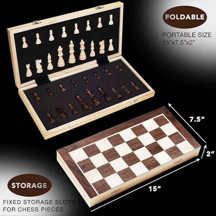 AMEROUS 15 Inches Magnetic Wooden Chess Set - 2 Extra Queens - Folding Board - Pieces Storage Slots, Handmade Portable Travel Chess Game - Beginner Chess Set for Kids, 6 up Age - Image 3