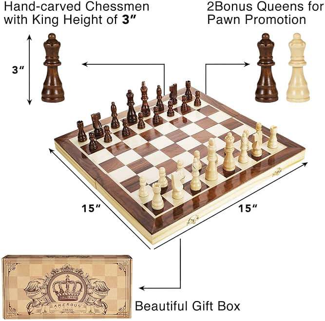 AMEROUS 15 Inches Magnetic Wooden Chess Set - 2 Extra Queens - Folding Board - Pieces Storage Slots, Handmade Portable Travel Chess Game - Beginner Chess Set for Kids, 6 up Age - Image 4