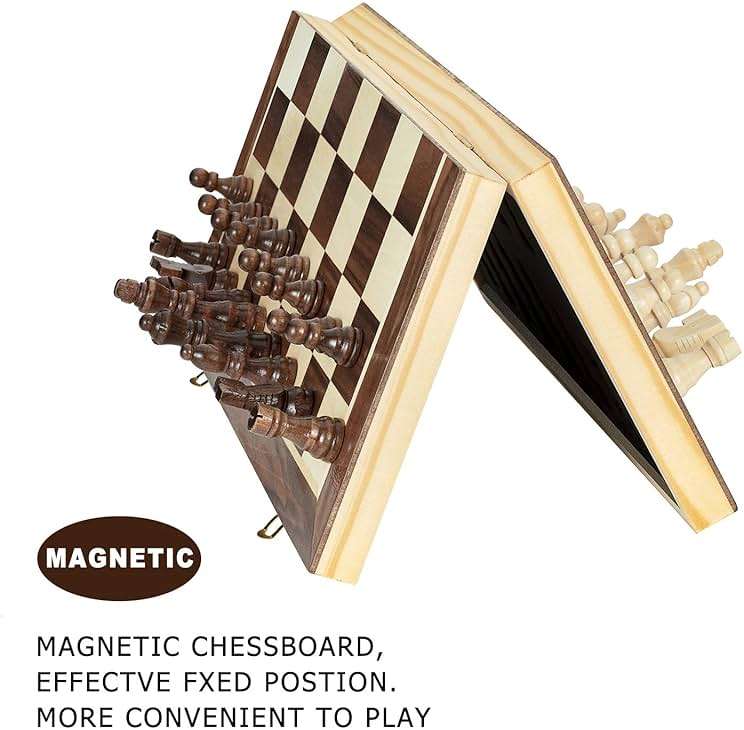 AMEROUS 15 Inches Magnetic Wooden Chess Set - 2 Extra Queens - Folding Board - Pieces Storage Slots, Handmade Portable Travel Chess Game - Beginner Chess Set for Kids, 6 up Age - Image 5