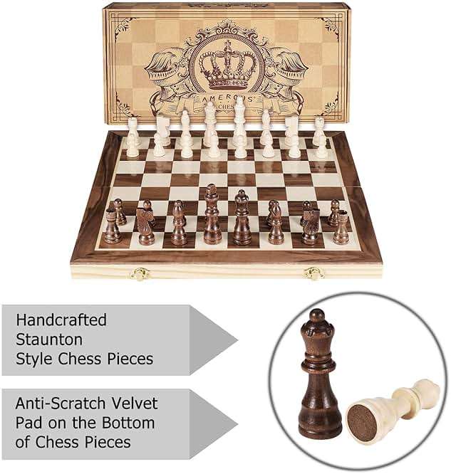 AMEROUS 15 Inches Magnetic Wooden Chess Set - 2 Extra Queens - Folding Board - Pieces Storage Slots, Handmade Portable Travel Chess Game - Beginner Chess Set for Kids, 6 up Age - Image 6