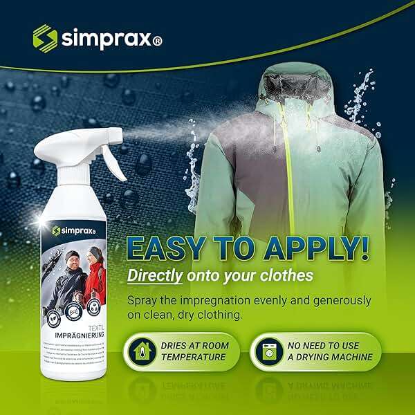 simprax® Textile Waterproof Spray Eco-Friendly & Skin-Safe | Water-Based Waterproofing for Gore-Tex, Sympatex & Softshell | Biodegradable Waterproofing Spray for Fabric Outdoor | Made in Germany - Image 3