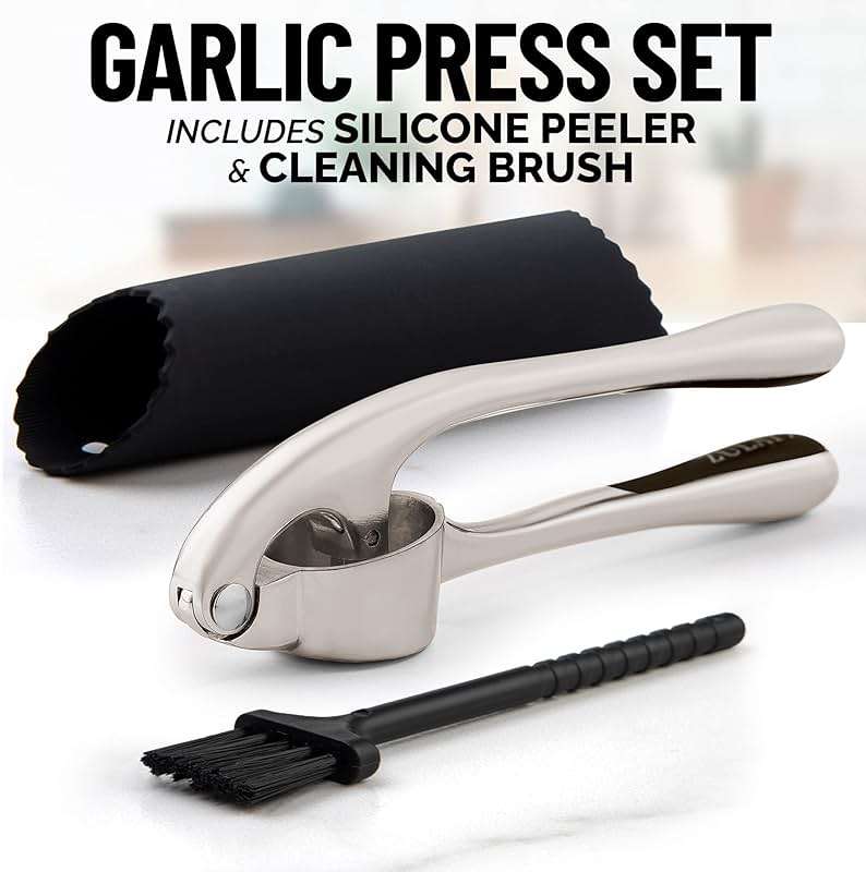 Zulay Kitchen Premium Garlic Press Set - Rust Proof Professional Garlic Mincer Tool - Easy-Squeeze, Easy-Clean with Soft, Ergonomic Handle - Silicone Garlic Peeler & Brush (Silver) - Image 11