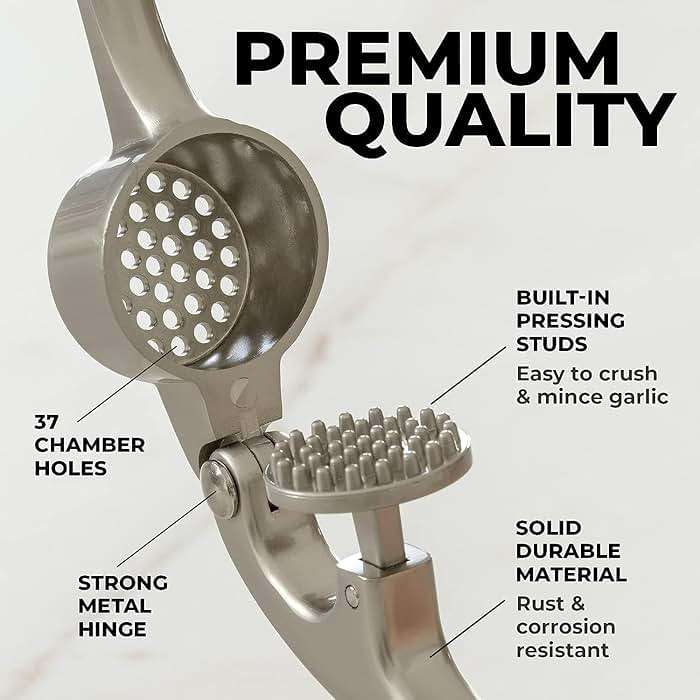 Zulay Kitchen Premium Garlic Press Set - Rust Proof Professional Garlic Mincer Tool - Easy-Squeeze, Easy-Clean with Soft, Ergonomic Handle - Silicone Garlic Peeler & Brush (Silver) - Image 5