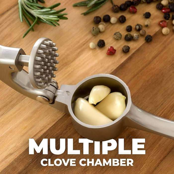 Zulay Kitchen Premium Garlic Press Set - Rust Proof Professional Garlic Mincer Tool - Easy-Squeeze, Easy-Clean with Soft, Ergonomic Handle - Silicone Garlic Peeler & Brush (Silver) - Image 6