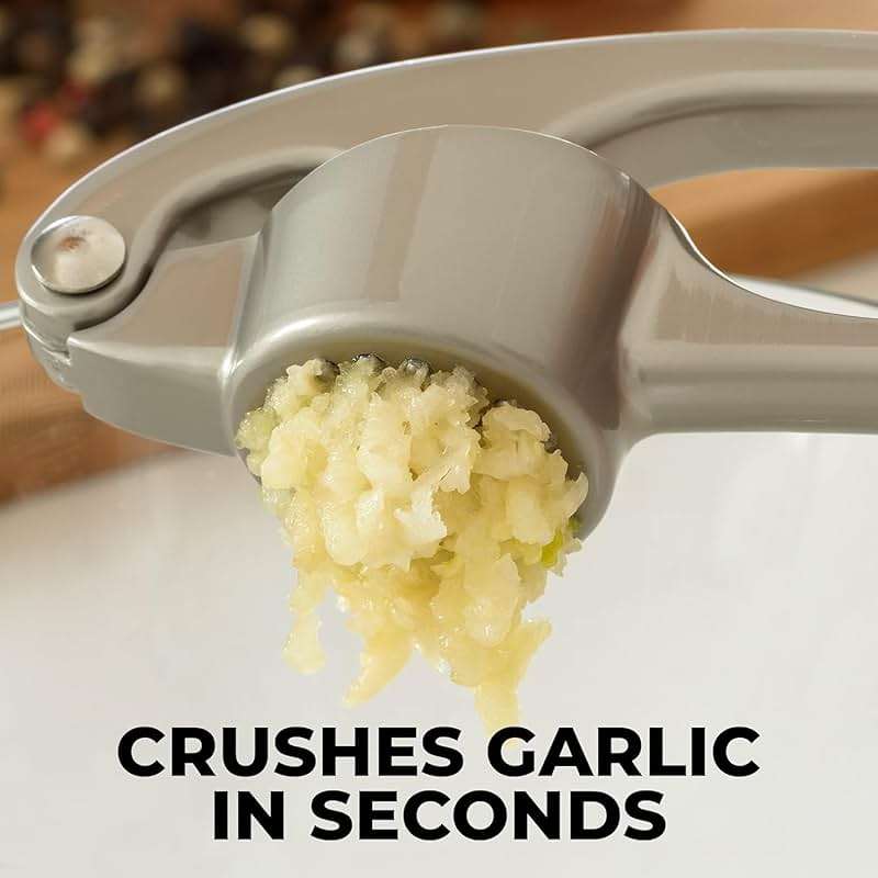 Zulay Kitchen Premium Garlic Press Set - Rust Proof Professional Garlic Mincer Tool - Easy-Squeeze, Easy-Clean with Soft, Ergonomic Handle - Silicone Garlic Peeler & Brush (Silver) - Image 7