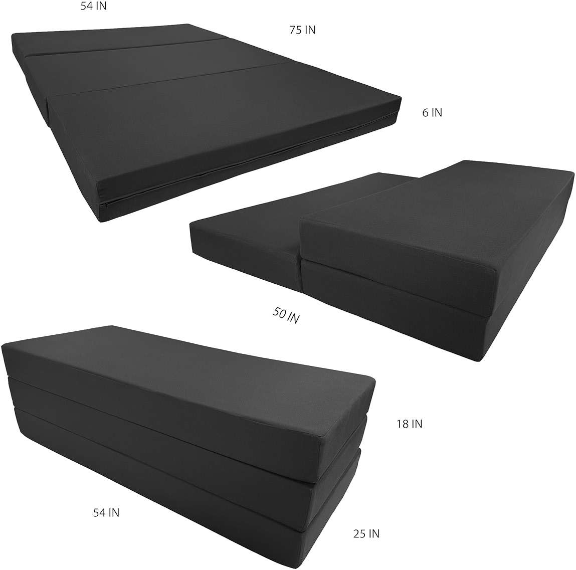 D&D Futon Furniture Trifold Foam Bed, Folding Ottoman Mattress (Black, Full Size (6 x 54 x 75)) - Image 2
