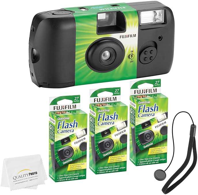 Fujifilm QuickSnap Flash 400 Disposable 35mm Camera + Hand Strap + Quality Photo Microfiber Cloth (3 Pack) - Image 1