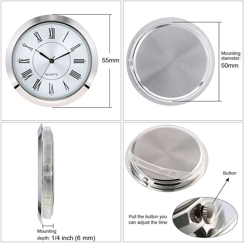 Hicarer 2-1/8 Inch (55 mm) Quartz Clock Fit-up/Insert, Fit Diameter 1.97 Inch (50 mm) Hole, Zinc-Alloy Metal Case, Roman Numeral, Silver - Image 4