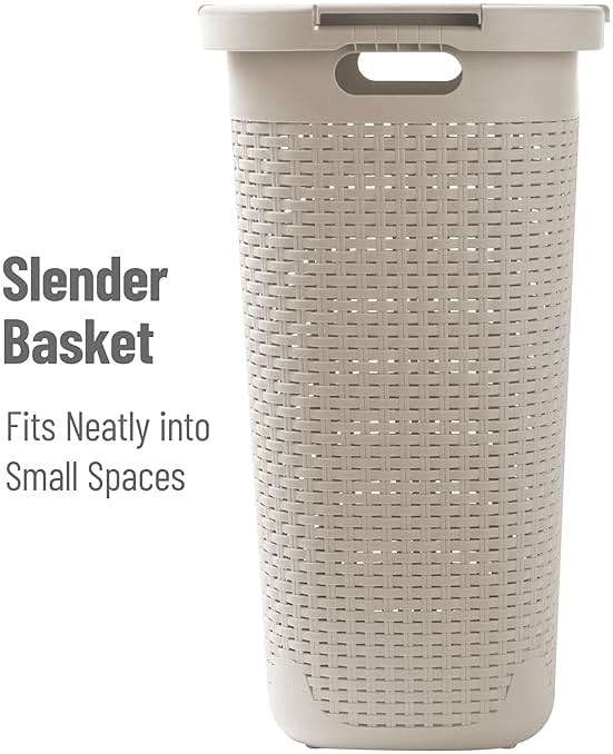 Mind Reader Slim Laundry Hamper with Lid, 60L Tall Clothes Basket, Narrow Tapered Design for Bathrooms, Closets and Laundry Rooms, Plastic, Ivory - Image 6