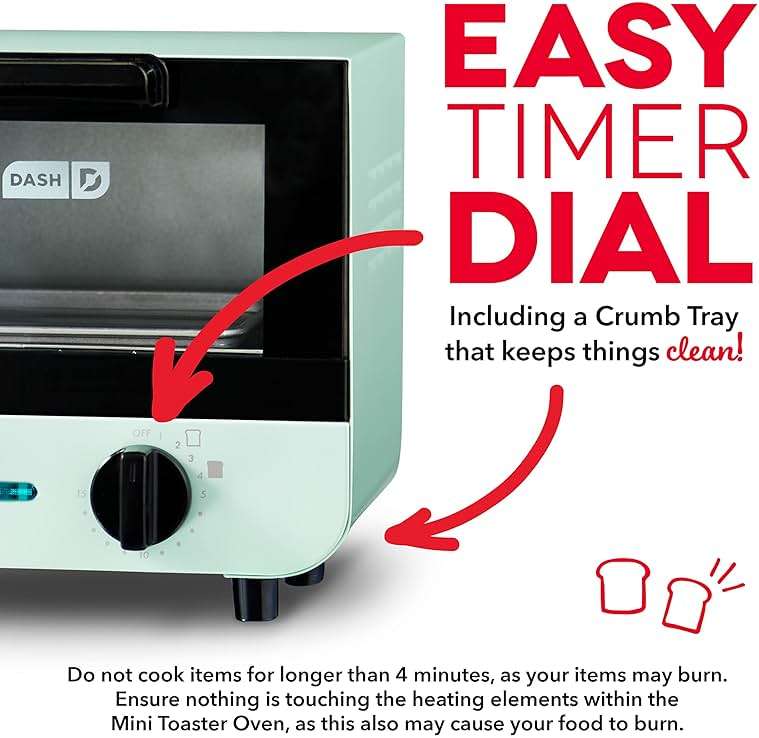 Dash Mini Toaster Oven | Small Toaster Oven for Dorms, Apartments, & Small Kitchens, Adjustable Timer Dial with Auto Shutoff, Removable Cooking Tray & Crumb Catch, Aqua - Image 4