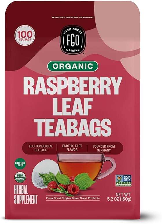 FGO Organic Red Raspberry Leaf Tea Bags, 100 Eco-Conscious Tea Bags, Caffeine Free, Imported from Germany, Reseable Bag, Packaging May Vary (Pack of 1) - Image 1