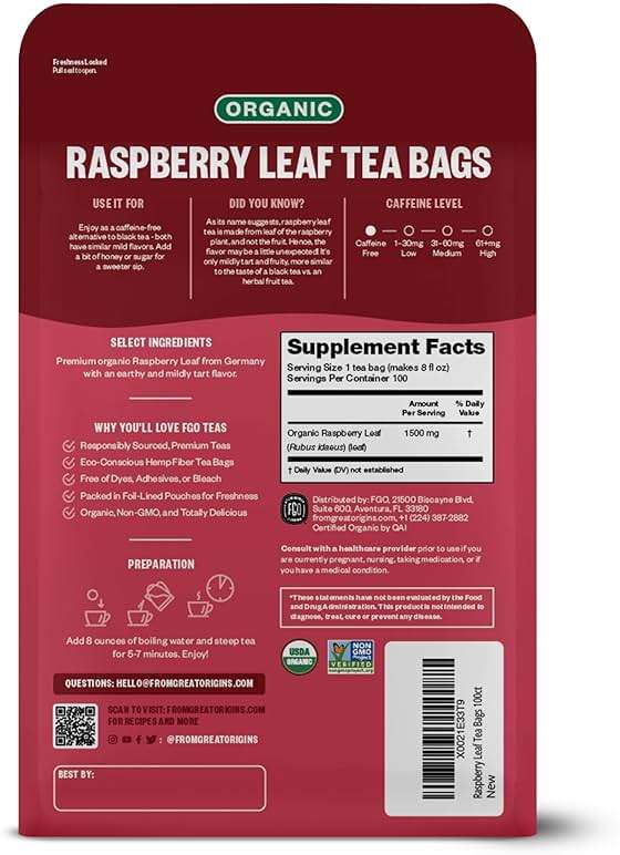 FGO Organic Red Raspberry Leaf Tea Bags, 100 Eco-Conscious Tea Bags, Caffeine Free, Imported from Germany, Reseable Bag, Packaging May Vary (Pack of 1) - Image 2