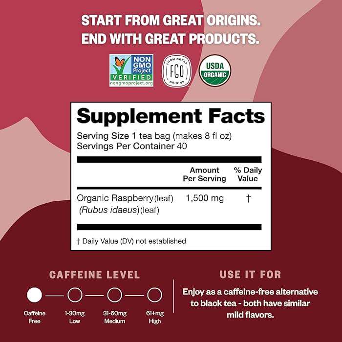 FGO Organic Red Raspberry Leaf Tea Bags, 100 Eco-Conscious Tea Bags, Caffeine Free, Imported from Germany, Reseable Bag, Packaging May Vary (Pack of 1) - Image 4