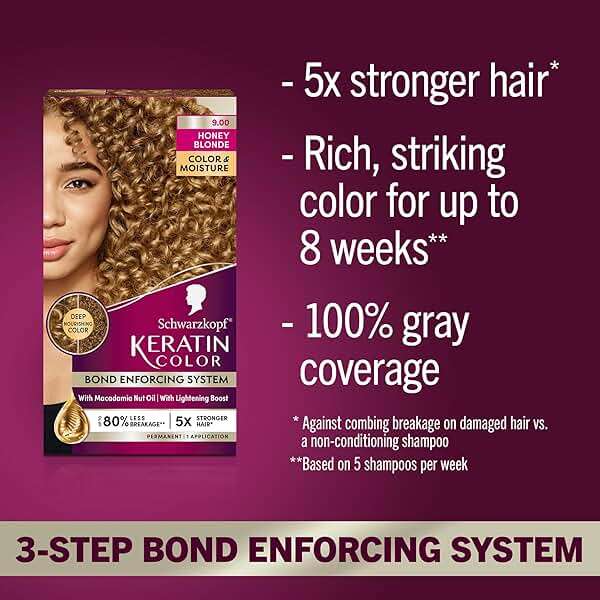 Schwarzkopf Keratin Permanent Hair Dye Cream, 9.0 Honey Blonde, Professional Quality Color for Up to 100% Gray Coverage, Bond Enforcing System - Image 2