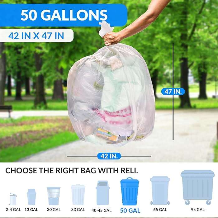 Reli. 50 Gallon Trash Bags Heavy Duty | 200 Trash Bags with Ties | Super Sizeable, Clear, Serious Garbage Cleanup - Image 2