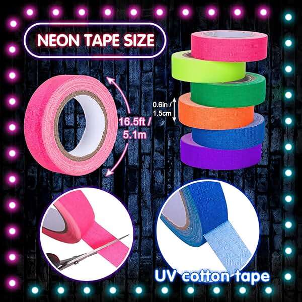 Whaline 6 Colors Neon Gaffer Cloth Tape, Fluorescent UV Blacklight Tape for UV Party (0.6 inch x 16.5 feet) - Image 2