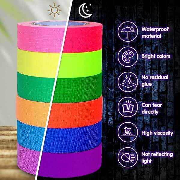 Whaline 6 Colors Neon Gaffer Cloth Tape, Fluorescent UV Blacklight Tape for UV Party (0.6 inch x 16.5 feet) - Image 3
