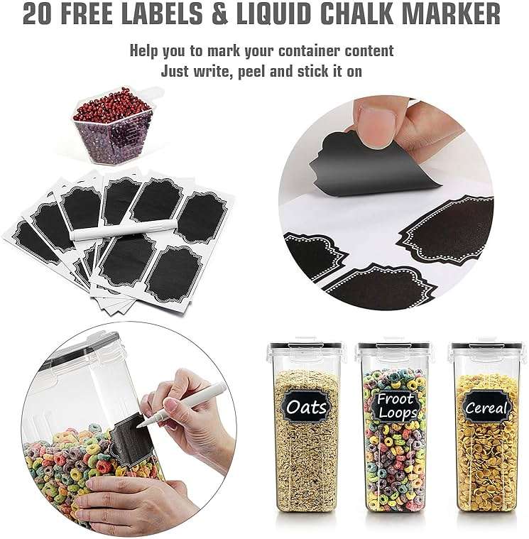 Wildone Cereal Storage Containers Set, Large BPA Free Plastic Airtight Food Storage Containers 4L for Flour, Sugar, 6 Piece Set Cereal Dispensers with 20 Labels & Marker, Black - Image 5