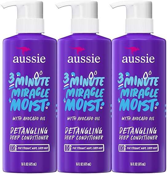 Aussie 3 Minute Miracle Moist Deep Conditioner for Dry Hair, Avocado & Jojoba Oil, Safe for Color Treated Hair, Nourishing Hydration, Silky Shine, Paraben-Free, 16 Fl Oz Each, Triple Pack - Image 1