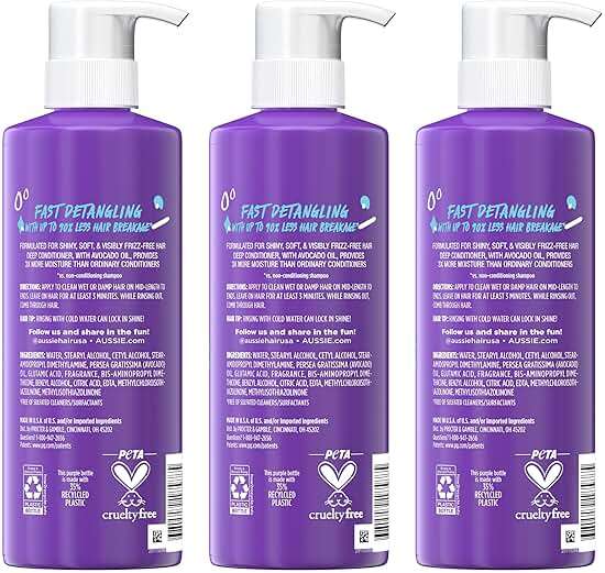 Aussie 3 Minute Miracle Moist Deep Conditioner for Dry Hair, Avocado & Jojoba Oil, Safe for Color Treated Hair, Nourishing Hydration, Silky Shine, Paraben-Free, 16 Fl Oz Each, Triple Pack - Image 9