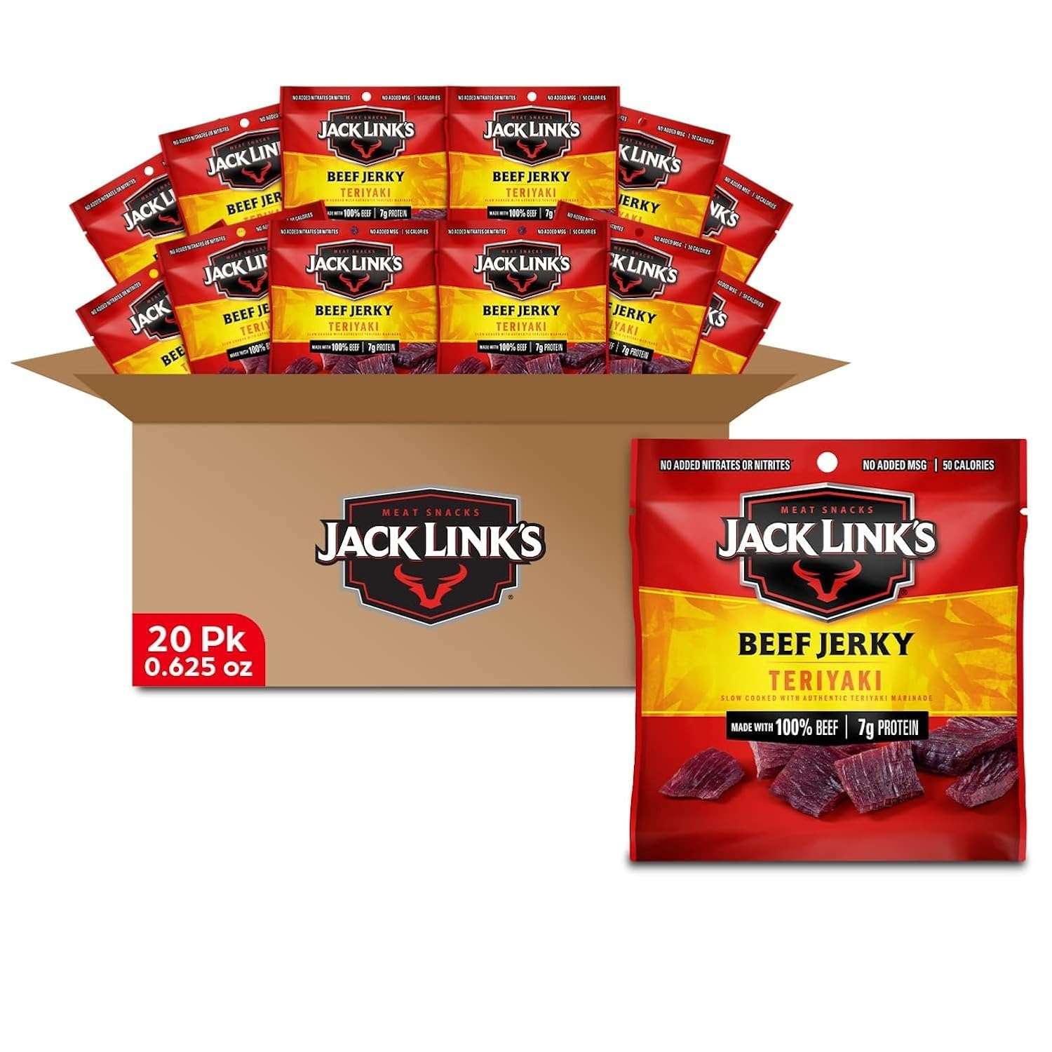 Jack Link's Teriyaki Beef Jerky Multipack - (20 Pack) 0.625 oz Bags - Ready to Eat Real Meat Protein Snacks - 7g Protein per Serving - Made with 100% Real Beef - Image 1