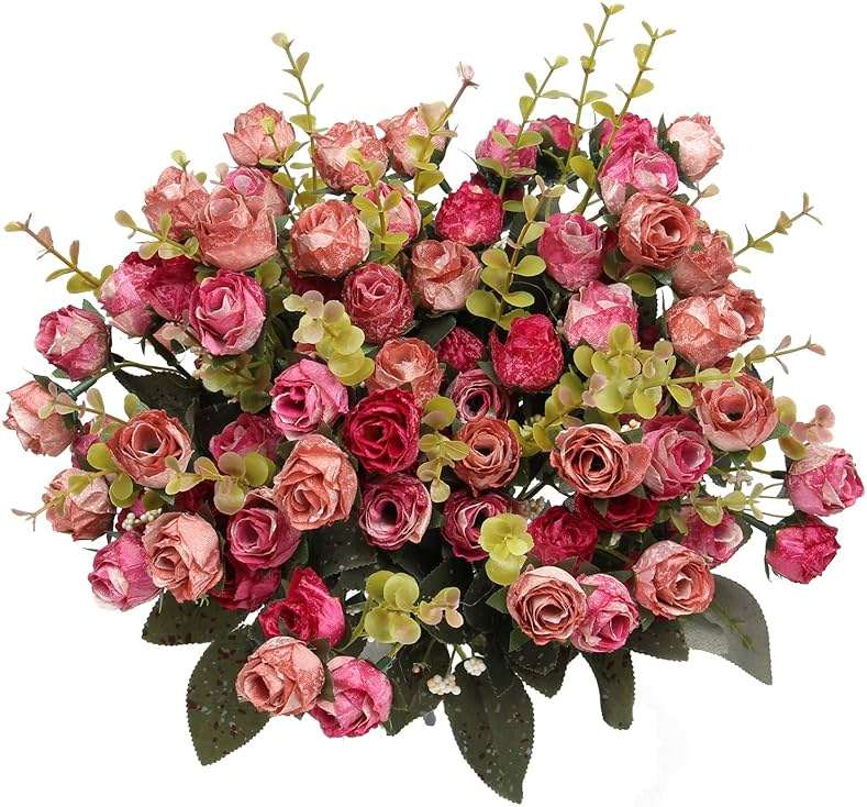 Flojery 21 Heads Silk Rose Bouquet Artificial Flowers Mini Rose for DIY Wedding Bouquets Centerpieces Bridal Shower Party Home Decorations,Pack of 4 （Rose Red） - Image 1