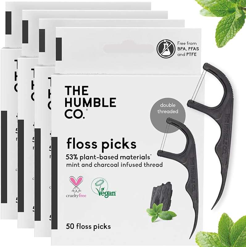 The Humble Co. Floss Picks (200 Count) – Plant Based Dental Floss Picks for Superior Oral Care, Dental Hygiene, and Gum Health, Cruelty Free Tooth Floss Picks (Charcoal, Double Thread) - Image 1