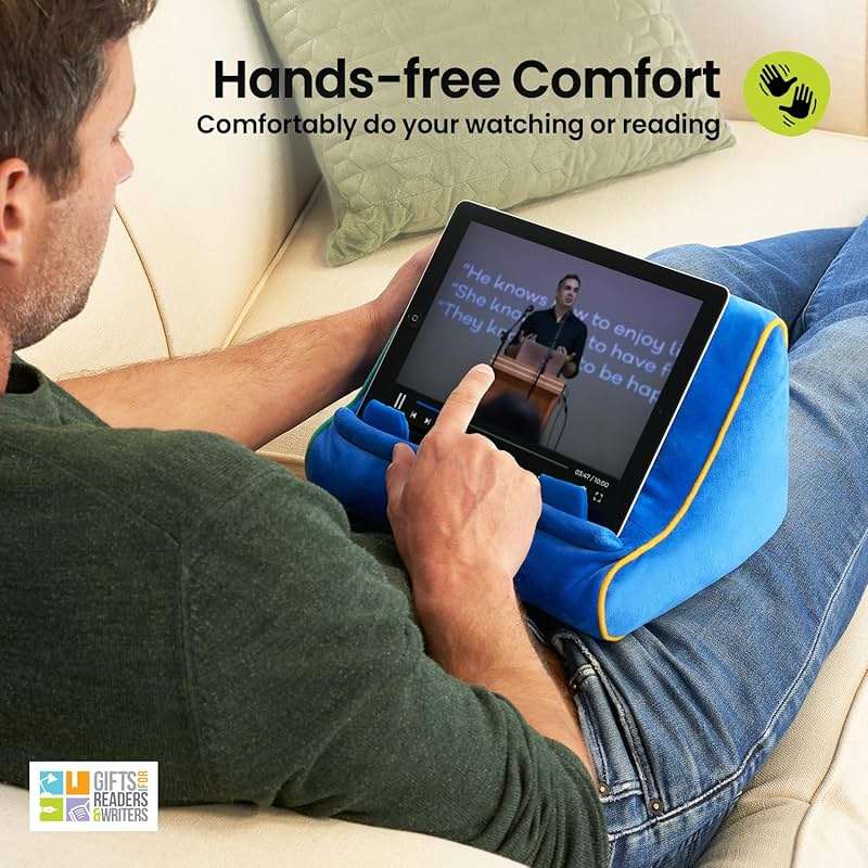 Gifts for Readers & Writers Tablet & Book Stand, Soft Reading Pillow, Book Holder with Pockets for Storage, Suitable for eReader/iPad/Kindle or Galaxy Devices, Book Couch Blue - Image 4