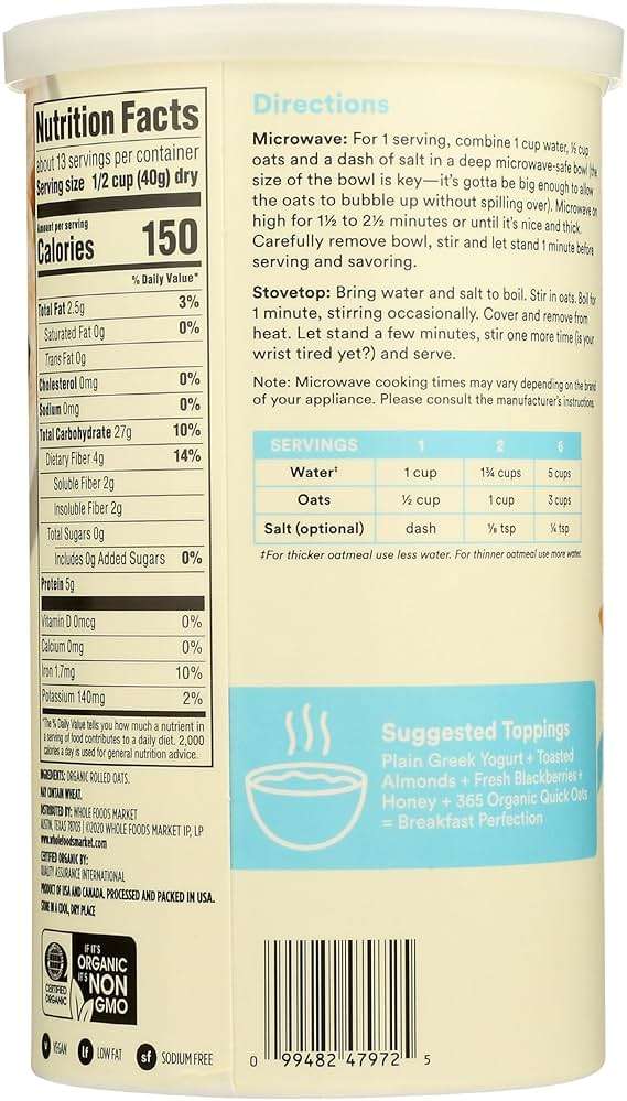 365 by Whole Foods Market, Organic Rolled Quick Oats, 18 Ounce - Image 2