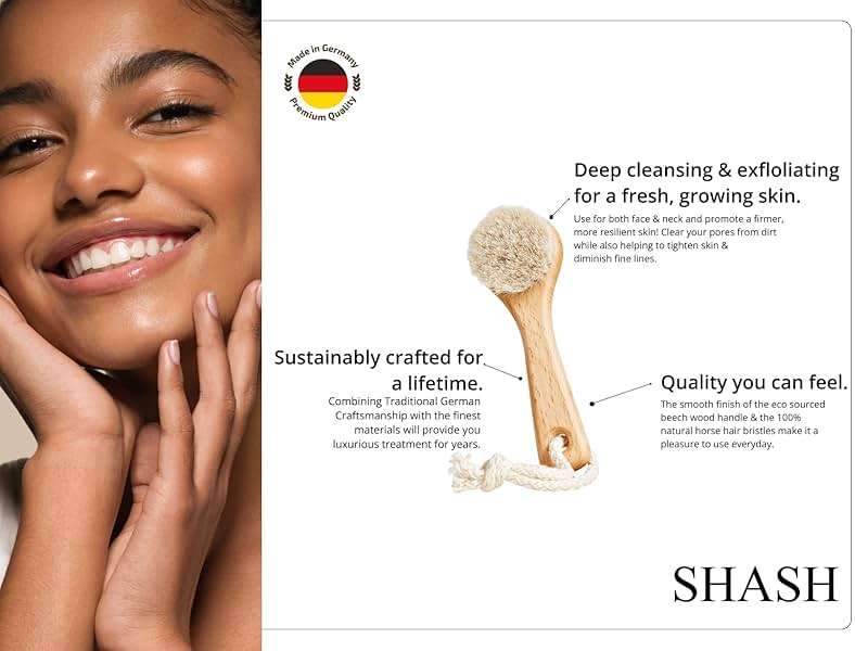 SHASH Since 1869 Hand Made in Germany - Sustainable Exfoliating Face Brush, Scrub Cleansing Brush, Exfoliates Skin to Help Reduce Flaking, Supports Glowing Complexion (Medium Horse Hair Bristle) - Image 3