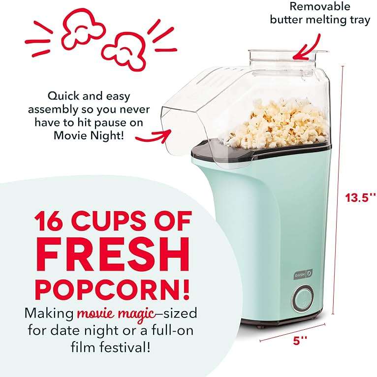 DASH Fresh Pop Popcorn Maker - Oil-Free, Air Popcorn Popper - With Measuring Cup & Recipe Guide - Perfect for Movie Nights - 16 Cups, Aqua - Image 2