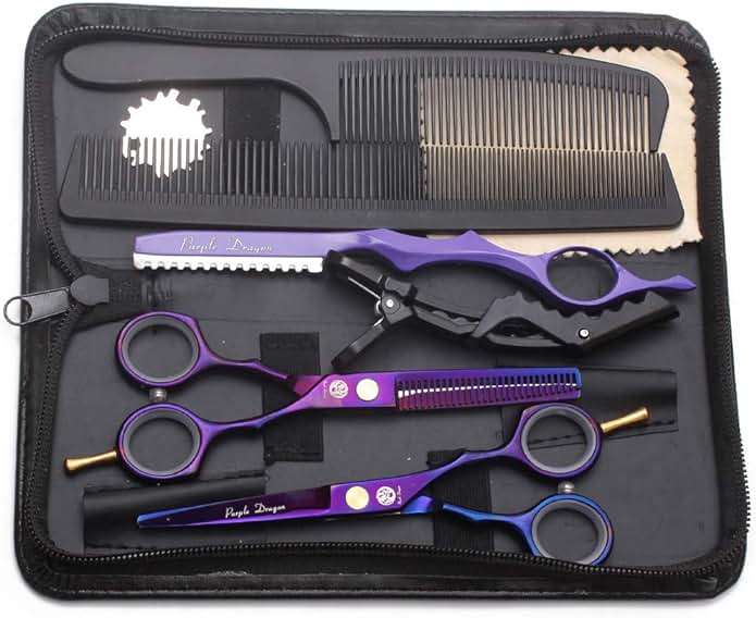 Purple Dragon 5.5 inch Hair Cutting Scissors Set with Razor, Leather Scissors Case, Barber Hair Cutting Shears Hair Thinning/Texturizing Shears for Professional Hairdresser or Home Use (Purple) - Image 1
