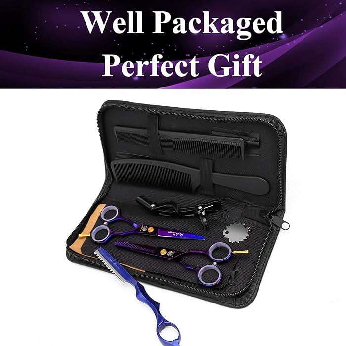Purple Dragon 5.5 inch Hair Cutting Scissors Set with Razor, Leather Scissors Case, Barber Hair Cutting Shears Hair Thinning/Texturizing Shears for Professional Hairdresser or Home Use (Purple) - Image 8