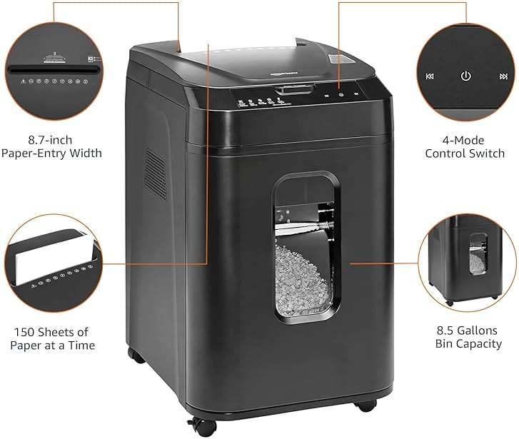 Amazon Basics 150-Sheet Autofeed Micro-Cut Paper and Credit Card Shredder, High Security Level P-4 with 8.5-Gallon Bin, 60-Minute Continuous Run Time, Black - Image 12
