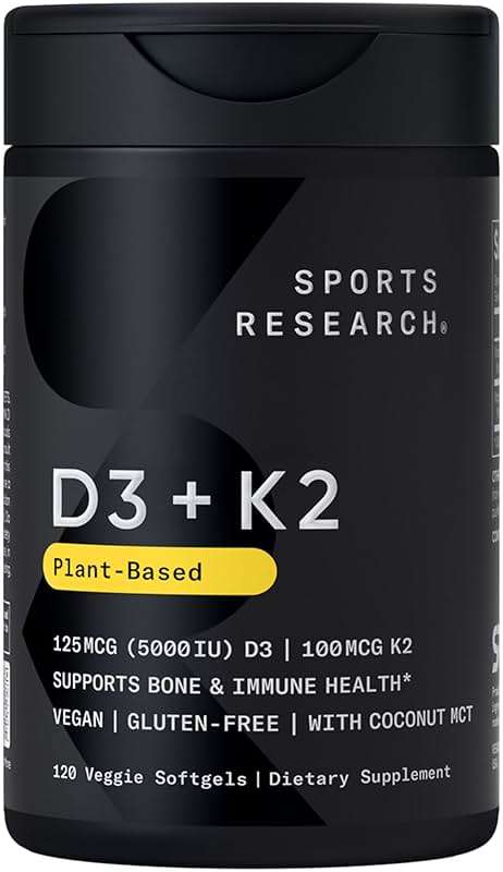 Sports Research Vitamin D3 with K2 Softgels - Plant Based K2 & Vegan D3 5000iu with Coconut MCT Oil - Vegan Certified, Soy & Gluten Free - 120 Count - Image 1