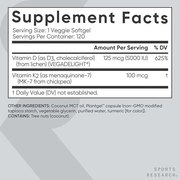 Sports Research Vitamin D3 with K2 Softgels - Plant Based K2 & Vegan D3 5000iu with Coconut MCT Oil - Vegan Certified, Soy & Gluten Free - 120 Count - Image 5