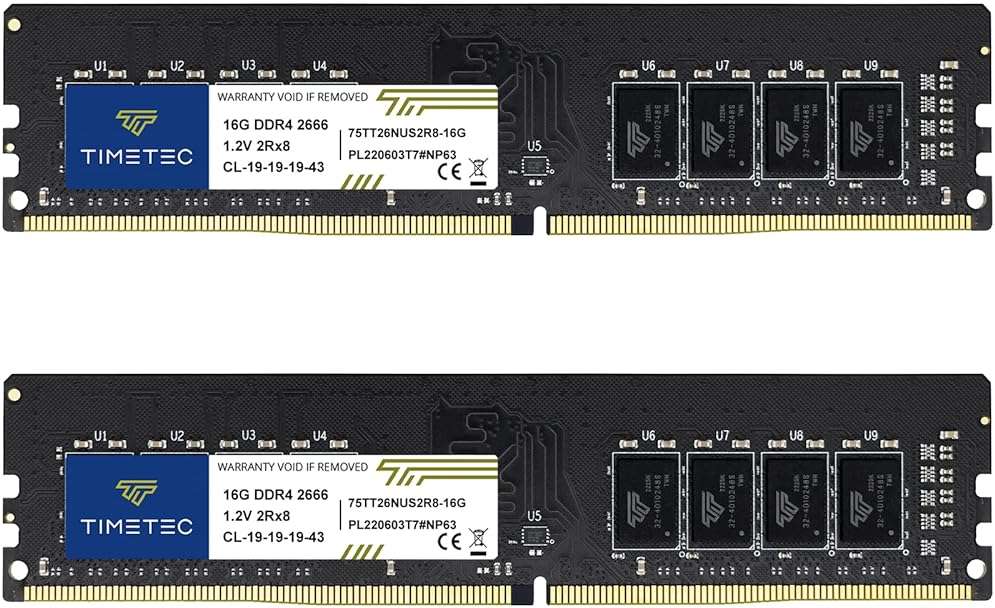 Timetec 32GB KIT (2x16GB) DDR4 2666MHz (PC4-2666V) PC4-21300 UDIMM Desktop RAM – 288-Pin 1.2V CL19 Non-ECC Unbuffered DIMM Memory Module Upgrade - Image 1
