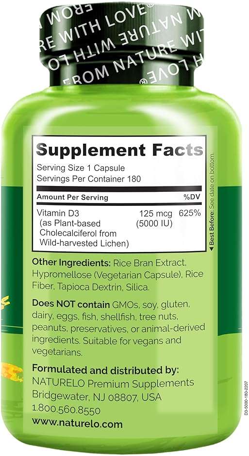 NATURELO Vitamin D - 5000 IU - Plant Based from Lichen - Natural D3 Supplement for Immune System, Bone Support, Joint Health - High Potency - Vegan - Non-GMO - Gluten Free - 180 Capsules - Image 7