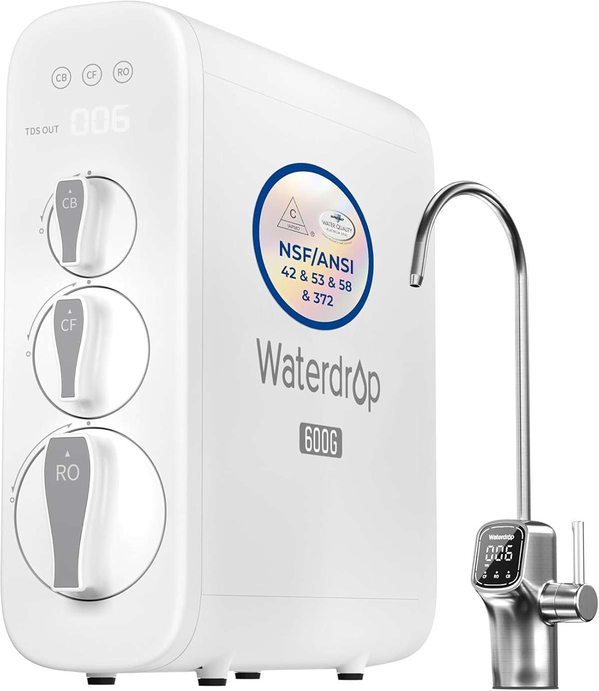 Waterdrop G3P600 Reverse Osmosis System, 8 Stage Tankless Reverse Osmosis Water Filter, NSF/ANSI 42 & 53 & 58 & 372 Certified, Under Sink RO System, 2:1 Pure to Drain, Smart LED Faucet - Image 1
